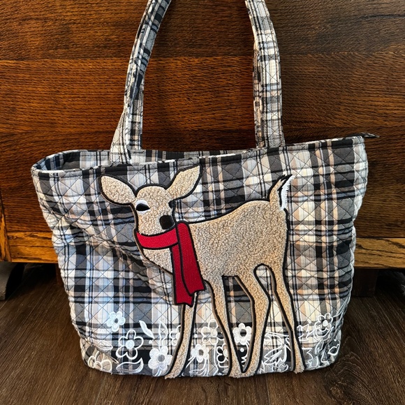 Vera Bradley Tote Bag Cozy Plaid Neutral Deer Embroidered Accents - Picture 1 of 2